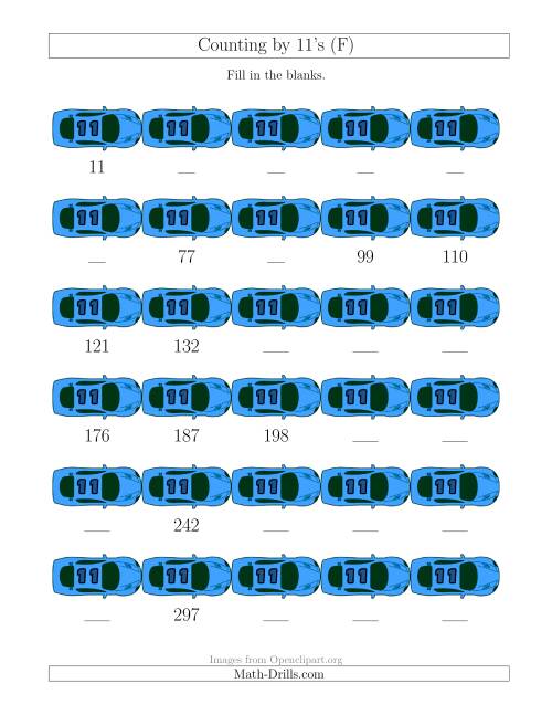 The Counting by 11's with Cars (F) Math Worksheet