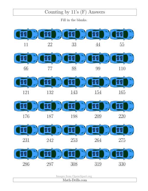 The Counting by 11's with Cars (F) Math Worksheet Page 2