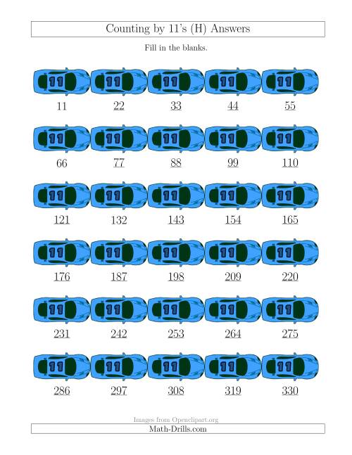 The Counting by 11's with Cars (H) Math Worksheet Page 2
