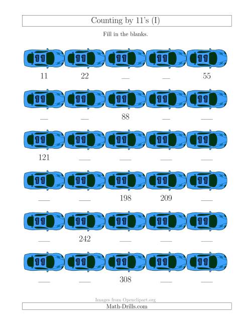 The Counting by 11's with Cars (I) Math Worksheet