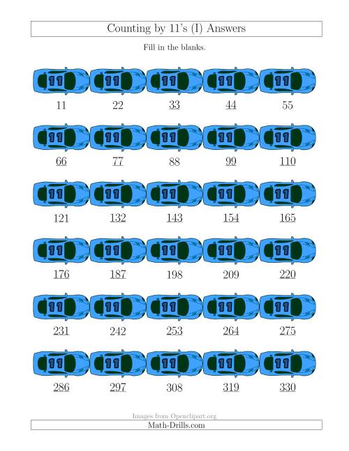 The Counting by 11's with Cars (I) Math Worksheet Page 2
