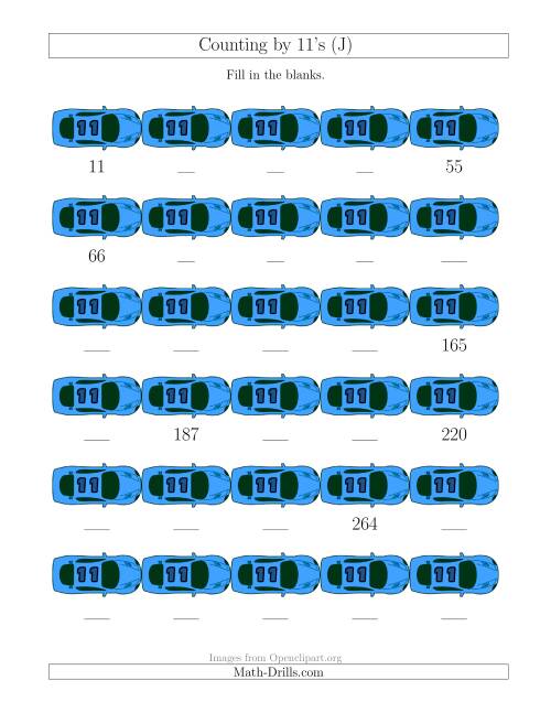 The Counting by 11's with Cars (J) Math Worksheet