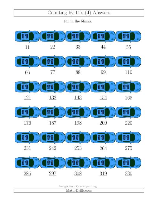 The Counting by 11's with Cars (J) Math Worksheet Page 2