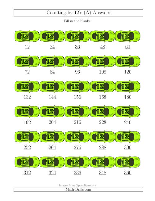 The Counting by 12's with Cars (A) Math Worksheet Page 2