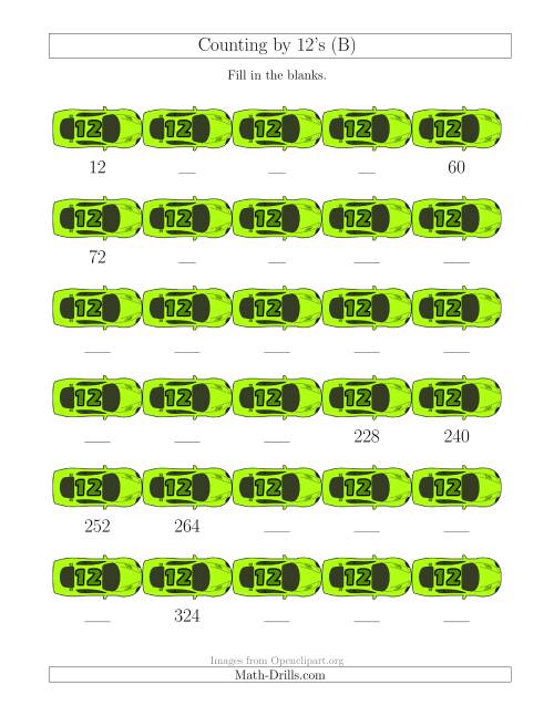 The Counting by 12's with Cars (B) Math Worksheet
