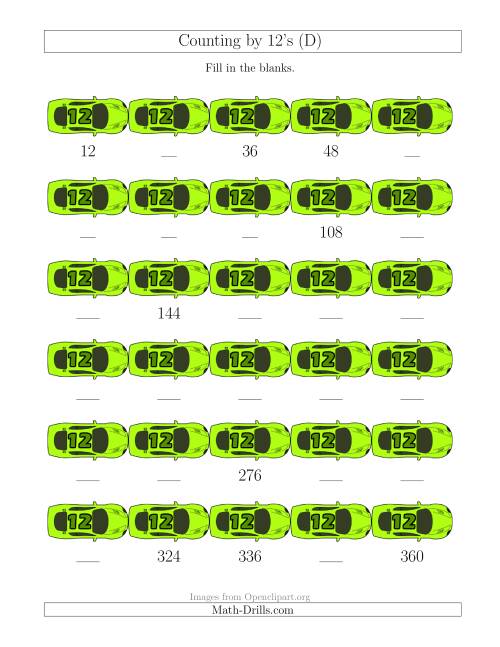 The Counting by 12's with Cars (D) Math Worksheet