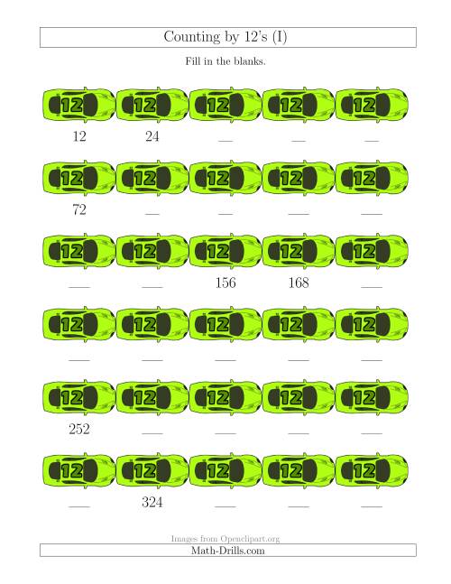 The Counting by 12's with Cars (I) Math Worksheet