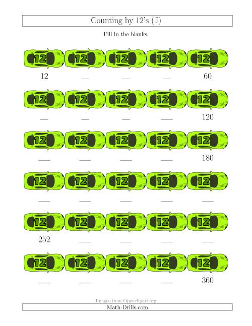 The Counting by 12's with Cars (J) Math Worksheet