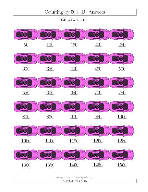 The Counting by 50's with Cars (B) Math Worksheet Page 2