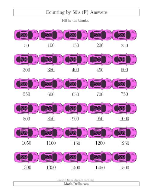 The Counting by 50's with Cars (F) Math Worksheet Page 2