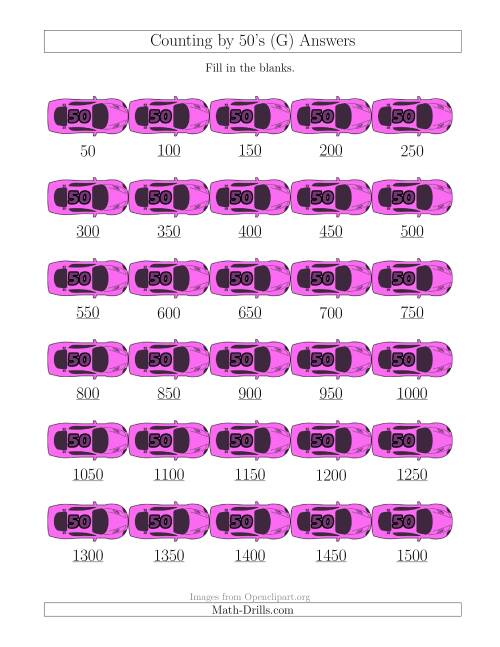 The Counting by 50's with Cars (G) Math Worksheet Page 2