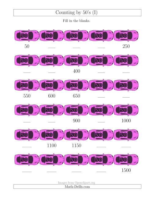 The Counting by 50's with Cars (I) Math Worksheet