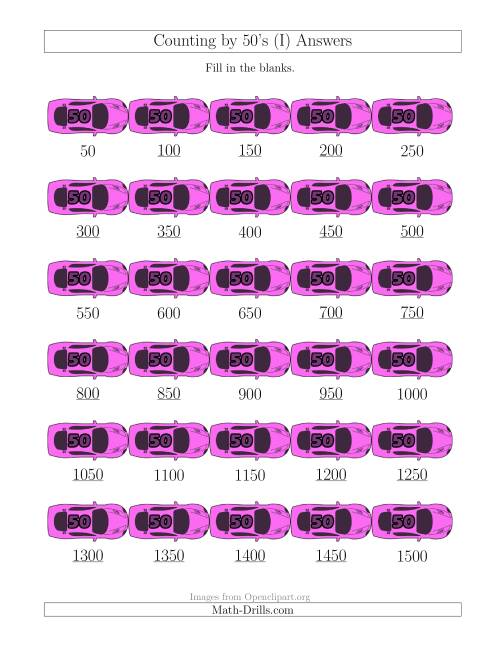 The Counting by 50's with Cars (I) Math Worksheet Page 2