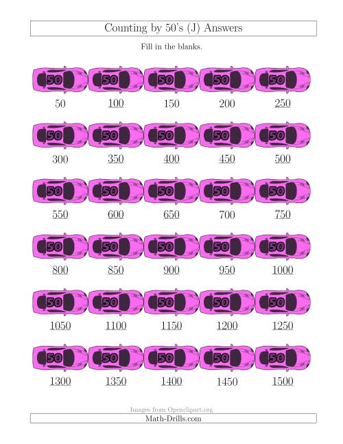 The Counting by 50's with Cars (J) Math Worksheet Page 2