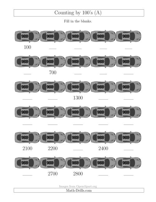 The Counting by 100's with Cars (A) Math Worksheet