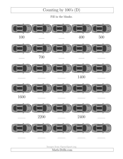 The Counting by 100's with Cars (D) Math Worksheet