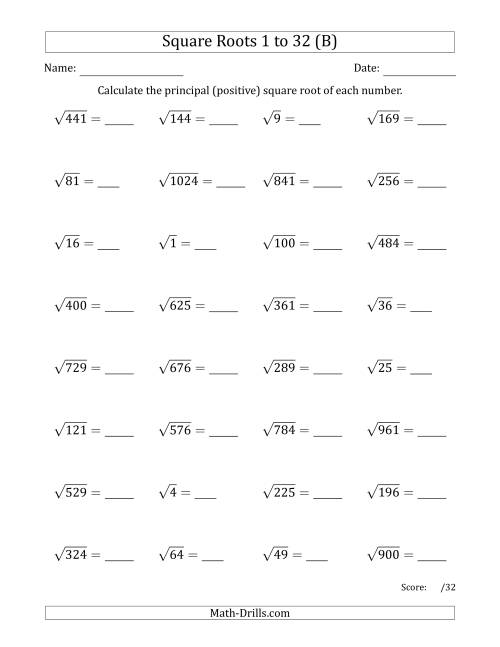 The Principal Square Roots 1 to 32 (B) Math Worksheet