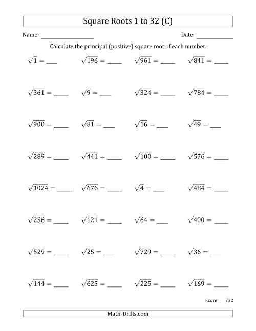 The Principal Square Roots 1 to 32 (C) Math Worksheet