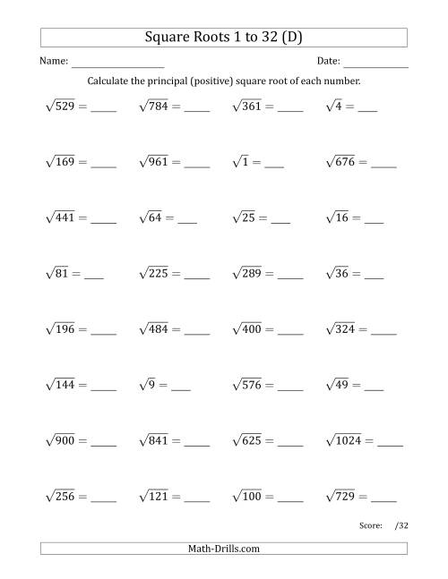 The Principal Square Roots 1 to 32 (D) Math Worksheet