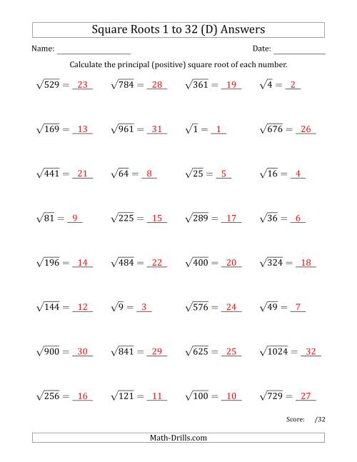 The Principal Square Roots 1 to 32 (D) Math Worksheet Page 2