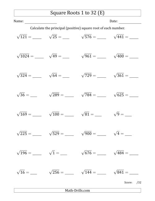 The Principal Square Roots 1 to 32 (E) Math Worksheet