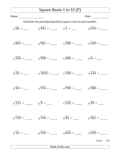 The Principal Square Roots 1 to 32 (F) Math Worksheet