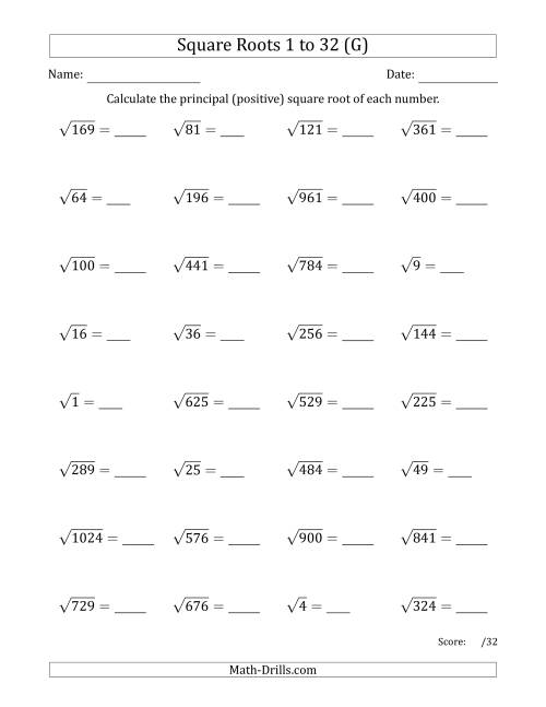 The Principal Square Roots 1 to 32 (G) Math Worksheet