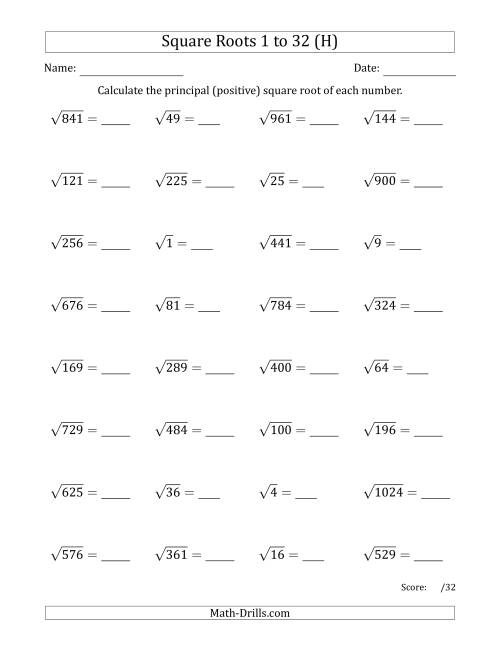 The Principal Square Roots 1 to 32 (H) Math Worksheet