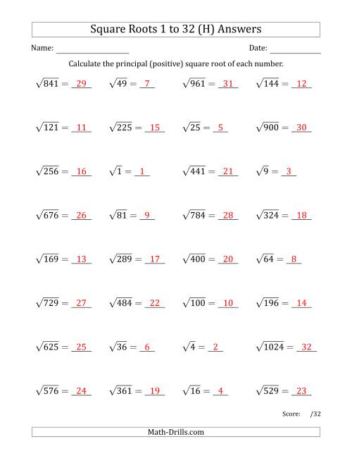 The Principal Square Roots 1 to 32 (H) Math Worksheet Page 2