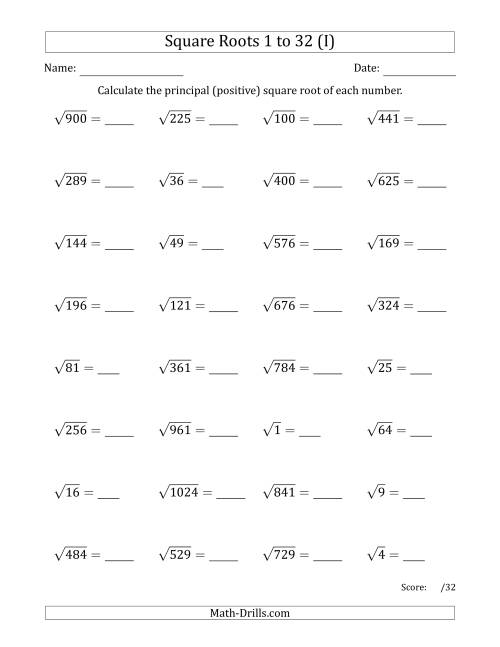 The Principal Square Roots 1 to 32 (I) Math Worksheet