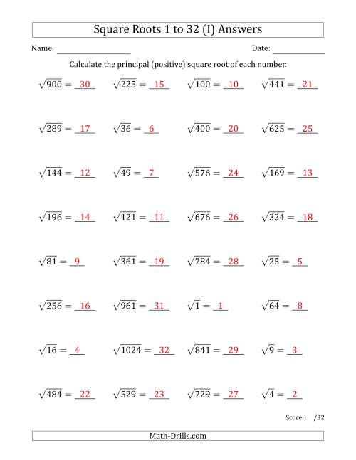 The Principal Square Roots 1 to 32 (I) Math Worksheet Page 2