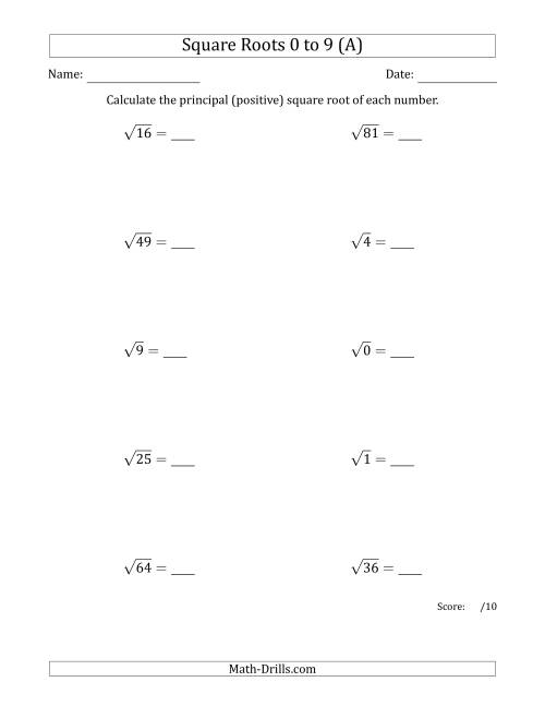 The Principal Square Roots 0 to 9 (A) Math Worksheet