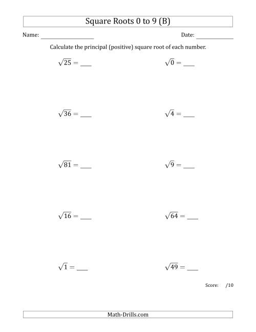 The Principal Square Roots 0 to 9 (B) Math Worksheet