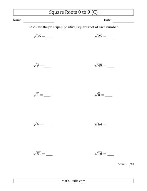 The Principal Square Roots 0 to 9 (C) Math Worksheet