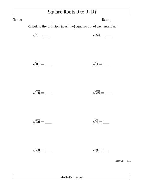 The Principal Square Roots 0 to 9 (D) Math Worksheet