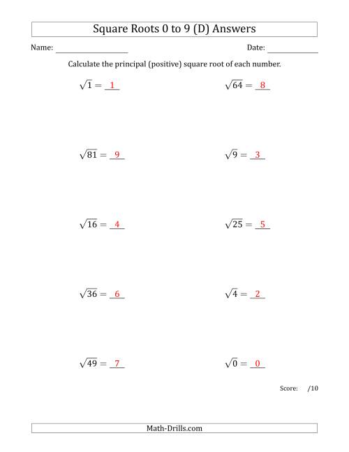 The Principal Square Roots 0 to 9 (D) Math Worksheet Page 2