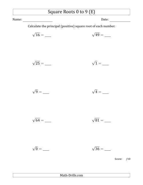 The Principal Square Roots 0 to 9 (E) Math Worksheet