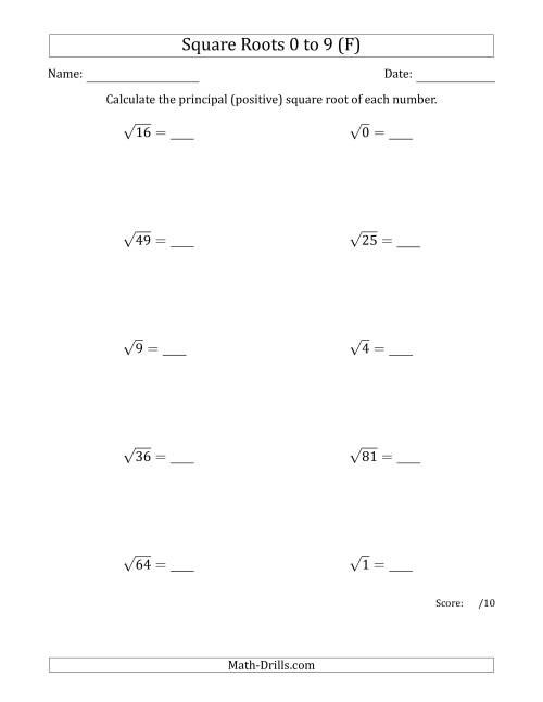 The Principal Square Roots 0 to 9 (F) Math Worksheet