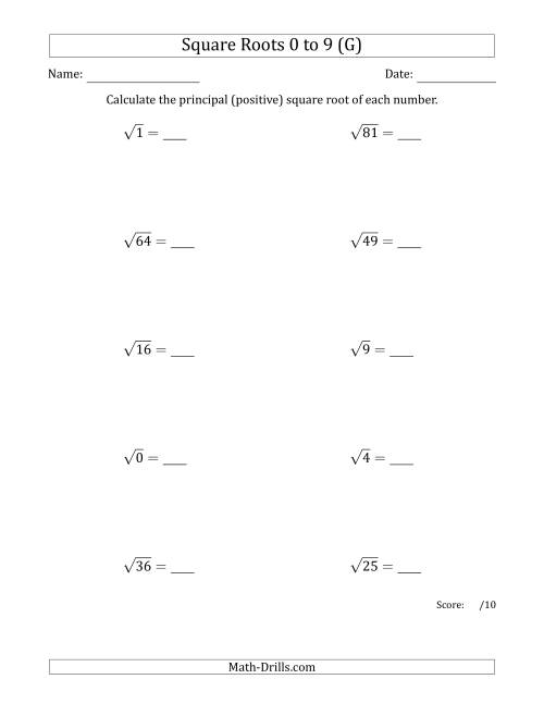 The Principal Square Roots 0 to 9 (G) Math Worksheet