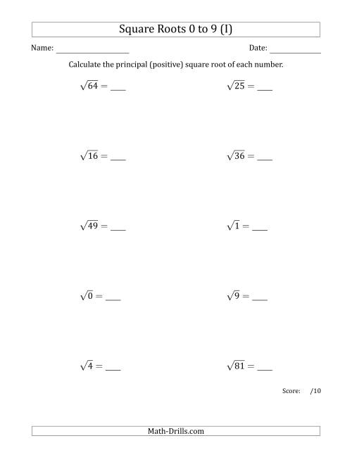 The Principal Square Roots 0 to 9 (I) Math Worksheet