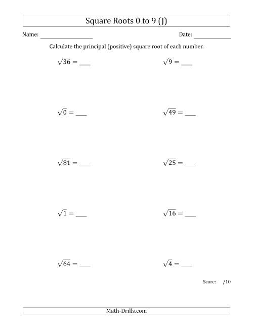 The Principal Square Roots 0 to 9 (J) Math Worksheet