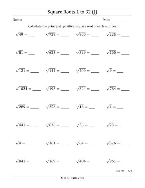 The Principal Square Roots 1 to 32 (J) Math Worksheet