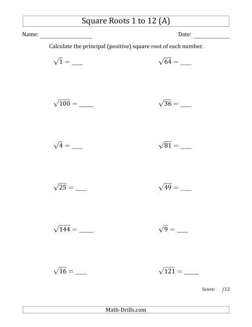 The Principal Square Roots 1 to 12 (A) Math Worksheet