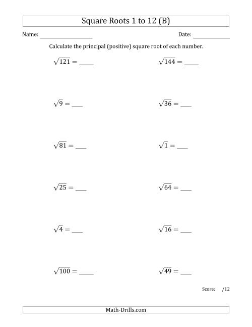 The Principal Square Roots 1 to 12 (B) Math Worksheet
