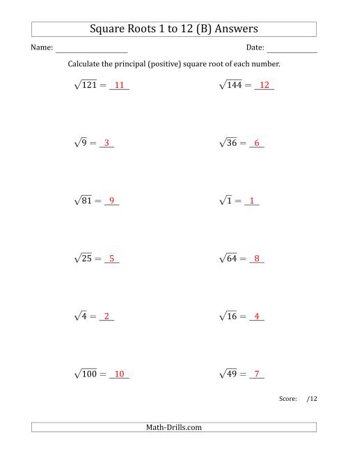The Principal Square Roots 1 to 12 (B) Math Worksheet Page 2