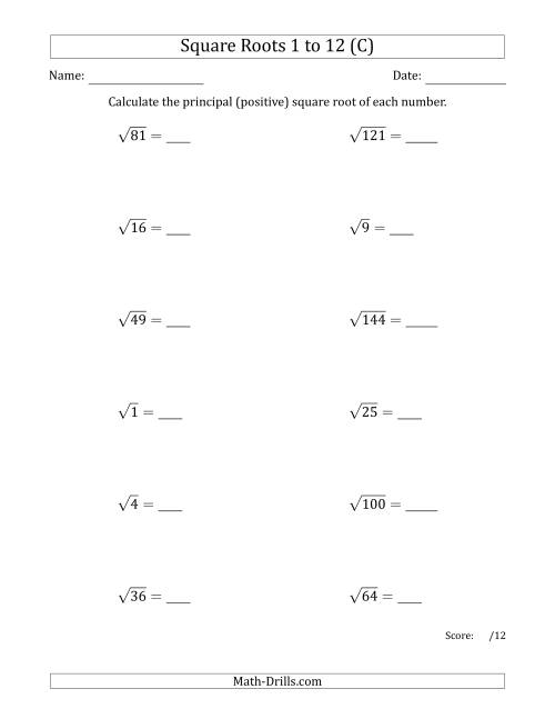 The Principal Square Roots 1 to 12 (C) Math Worksheet