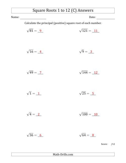 The Principal Square Roots 1 to 12 (C) Math Worksheet Page 2