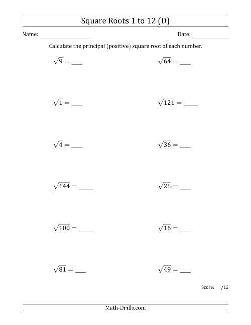 The Principal Square Roots 1 to 12 (D) Math Worksheet