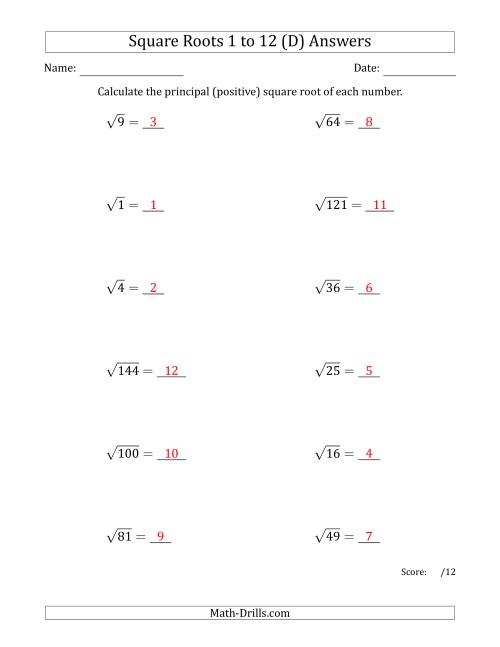 The Principal Square Roots 1 to 12 (D) Math Worksheet Page 2