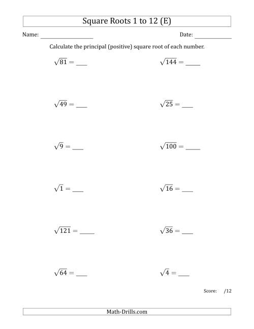 The Principal Square Roots 1 to 12 (E) Math Worksheet